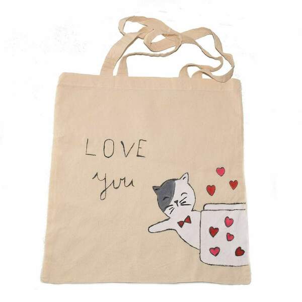 Πάνινη τσάντα ώμου ζωγραφίσμενη στο χέρι ❤️ cat in love - ύφασμα, ώμου, all day, tote, πάνινες τσάντες