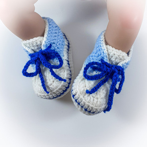 Πλεκτά παπούτσια για μωρά/ γαλάζιο με έντονο μπλε κορδόνια/ σπορτέξ/ 0-12/ Crochet cream booties for a babies/ sneakers - αγόρι, δώρα για μωρά, βρεφικά ρούχα - 4