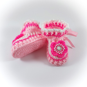 Πλεκτά ροζ-λευκό-φούξια παπουτσάκια για κορίτσια/ παπούτσια για μωρά με λουλούδια/ 0-12/ Crochet white-pink booties for girls - κορίτσι, δώρο για νεογέννητο, βρεφικά ρούχα - 2