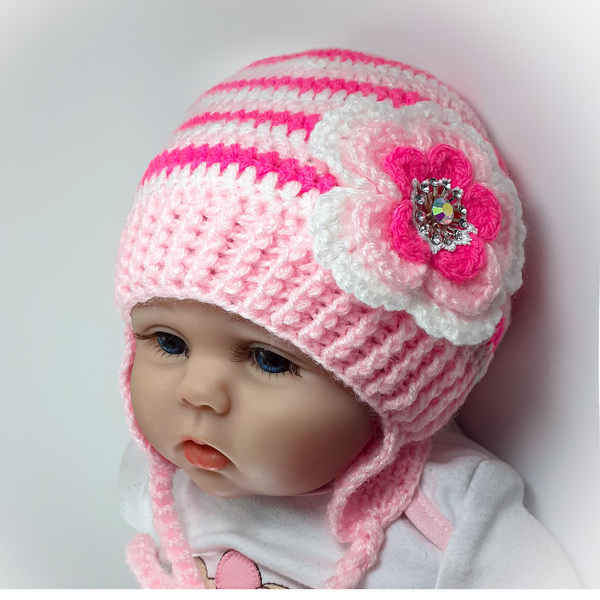 Πλεκτό ροζ-λευκό-φούξια σκουφάκι για κορίτσια με λουλούδι / σκουφί για μωρό/ 0-5 ετών / Crochet pink hat for a baby girl - κορίτσι, παιδικά ρούχα, βρεφικά ρούχα - 2