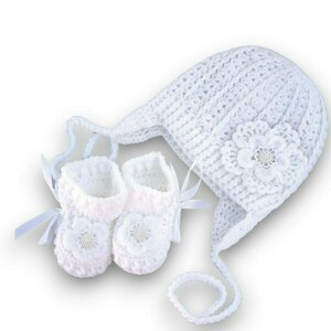Πλεκτό λευκό σετ για κορίτσια / σκουφάκι, παπουτσάκια / 0-12/ Crochet white set for girls / hat, shoes - κορίτσι, σετ, βρεφικά ρούχα