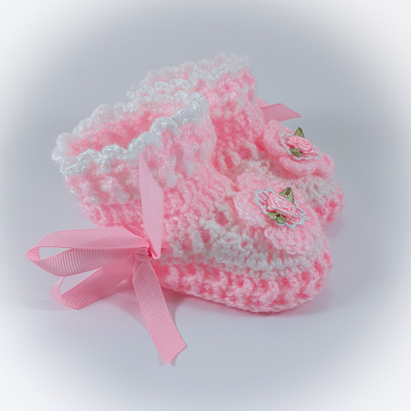 Πλεκτά λευκό-ροζ παπουτσάκια για κορίτσια/ παπούτσια με λουλούδια για μωρά/ 0-12/ Crochet white-pink booties for girls - κορίτσι, βρεφικά ρούχα - 3