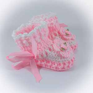 Πλεκτά λευκό-ροζ παπουτσάκια για κορίτσια/ παπούτσια με λουλούδια για μωρά/ 0-12/ Crochet white-pink booties for girls - κορίτσι, 6-9 μηνών, βρεφικά ρούχα - 3