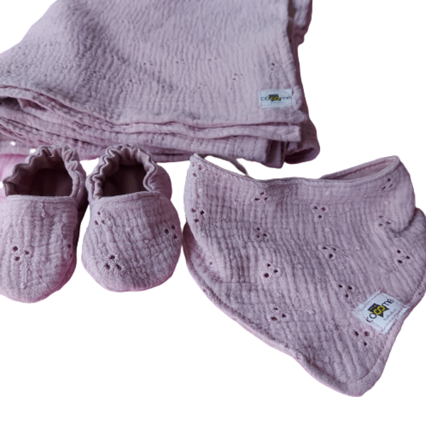 Βρεφικό σετ μουσελίνας, κουβέρτα, σαλιαρα, παπουτσάκια, 0-6 μηνών μωρό - κορίτσι, δώρο, σετ δώρου