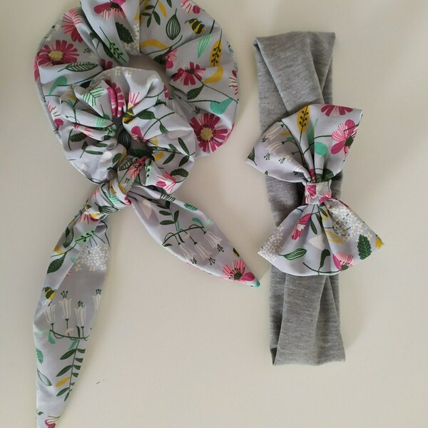 Scrunchies and ribbons set Grey Floral - λαστιχάκια μαλλιών