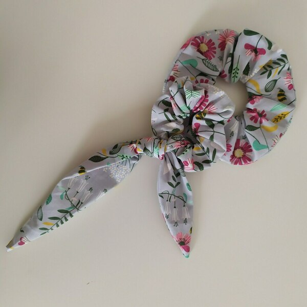 Scrunchies and ribbons set Grey Floral - λαστιχάκια μαλλιών - 2