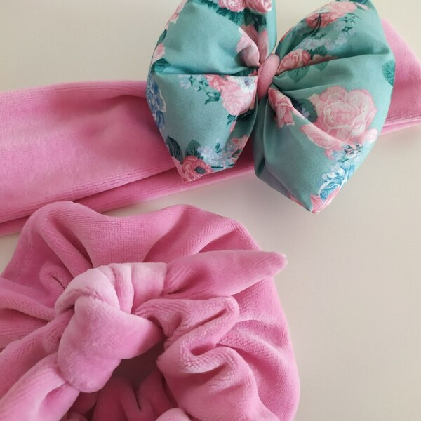 Scrunchies and ribbons set Floral Turquoise - λαστιχάκια μαλλιών
