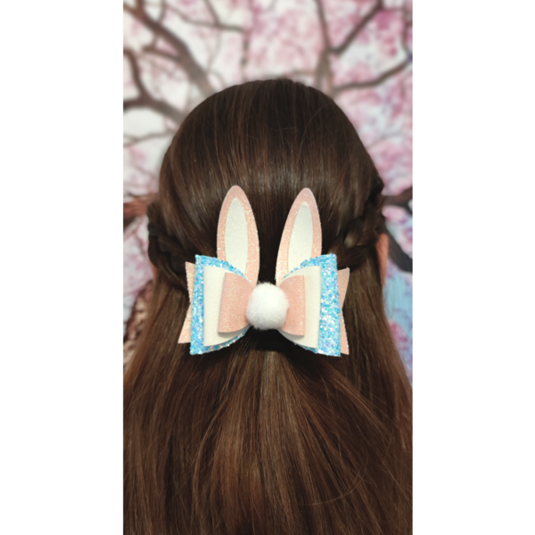 Φιόγκος Μαλλιών με κλιπ Bunny Ροζ Γαλάζιο 9x9 - κορίτσι, για τα μαλλιά, πασχαλινά δώρα, αξεσουάρ μαλλιών, hair clips - 3
