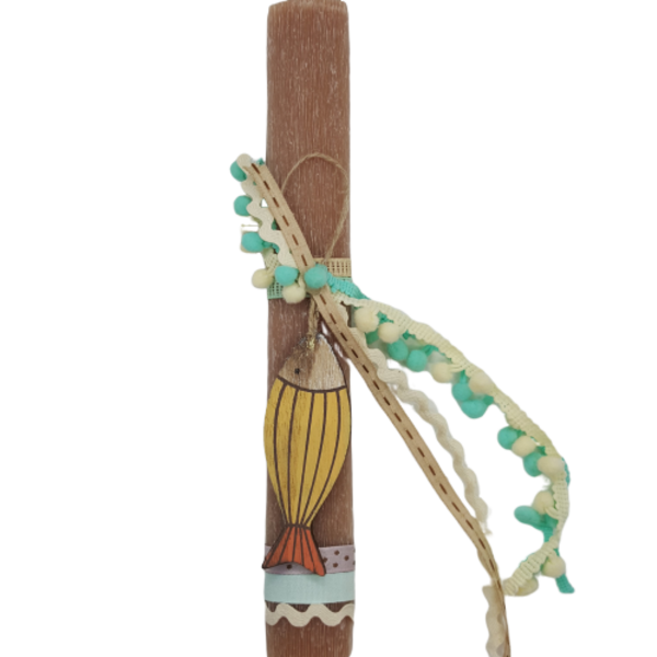 Πασχαλινή λαμπάδα με ξύλινο ψαράκι ταμπά 26cm - αγόρι, λαμπάδες, για παιδιά, ζωάκια, για μωρά