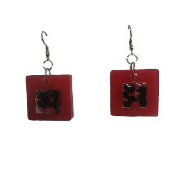 Σκουλαρίκια τετράγωνα από υγρό γυαλί κόκκινα 5,5x3 εκ./Square liquid glass earrings in red 5,5x3 cm - γυαλί, ατσάλι, κρεμαστά, μεγάλα, γάντζος