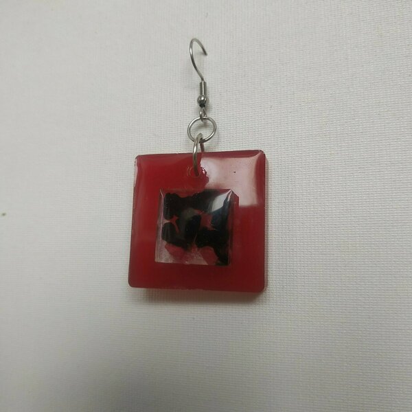 Σκουλαρίκια τετράγωνα από υγρό γυαλί κόκκινα 5,5x3 εκ./Square liquid glass earrings in red 5,5x3 cm - γυαλί, ατσάλι, κρεμαστά, μεγάλα, γάντζος - 5