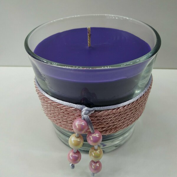 Κερί χειροποίητο μώβ με άρωμα mistral σε γυάλινο ποτήρι 9Χ9 εκ, - αρωματικά κεριά - 3