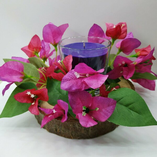Ξύλινη σύνθεση κορμός 15χ12 εκ με υφασμάτινα λουλούδια και χειροποίητο μωβ κερί σε γυάλινο ποτήρι - αρωματικά κεριά - 2