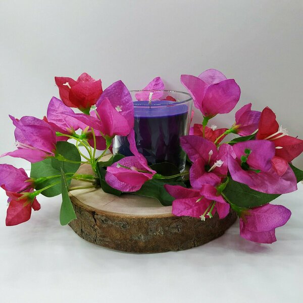 Ξύλινη σύνθεση κορμός 15χ12 εκ με υφασμάτινα λουλούδια και χειροποίητο μωβ κερί σε γυάλινο ποτήρι - αρωματικά κεριά - 3
