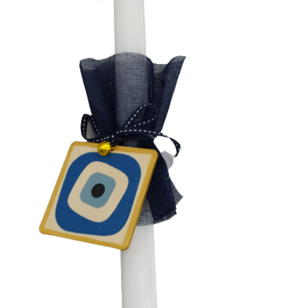 Λαμπάδα Ζαγρέ με ξύλινο μπλε μάτι 30εκ - λαμπάδες, boho, evil eye, για ενήλικες, για μωρά