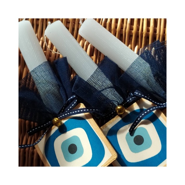 Λαμπάδα Ζαγρέ με ξύλινο μπλε μάτι 30εκ - λαμπάδες, boho, evil eye, για ενήλικες, για μωρά - 2