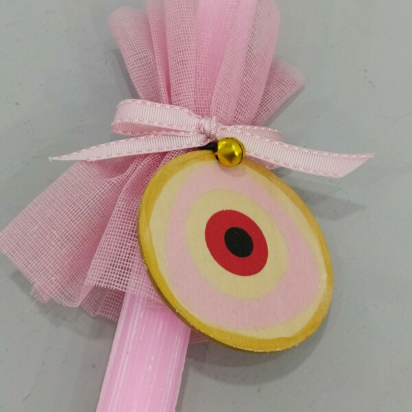 Λαμπάδα Ζαγρέ με ξύλινο ροζ μάτι 30εκ - ροζ, κορίτσι, λαμπάδες, boho, evil eye - 2