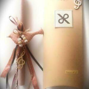 Πασχαλινή λαμπαδα αρωματική 30 cm με υφασματινο πουλακη και ξυλινο κλειδι σολ - κορίτσι, λαμπάδες, για ενήλικες, για εφήβους