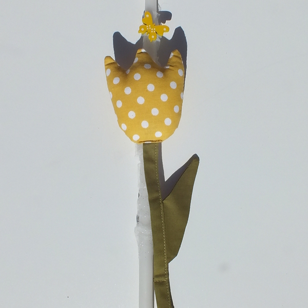 Πασχαλινό λαμπαδάκι με υφασμάτινη κίτρινη τουλίπα - μπρελόκ - κορίτσι, λουλούδια, λαμπάδες, για ενήλικες, για εφήβους - 3
