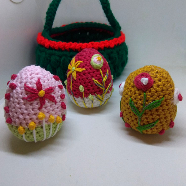Πασχαλινό Πλεκτό Κόκκινο Αυγό με Κεντημένα Λουλουδάκια - διακοσμητικά, πασχαλινά αυγά διακοσμητικά, για παιδιά, για ενήλικες, πρώτο Πάσχα - 3