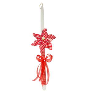 Χειροποίητη Λευκή Λαμπάδα με Ξύλινο Ανεμόμυλo Καρώ Κόκκινο 40cm - κορίτσι, λαμπάδες, για παιδιά