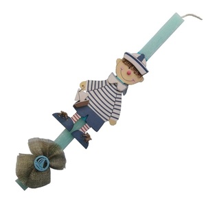 Λαμπάδα χρώματος τυρκουάζ για αγόρι με ναυτάκι από ξύλο No3 39×2,2×2,2cm - λαμπάδες, για μωρά, για παιδιά, αγόρι
