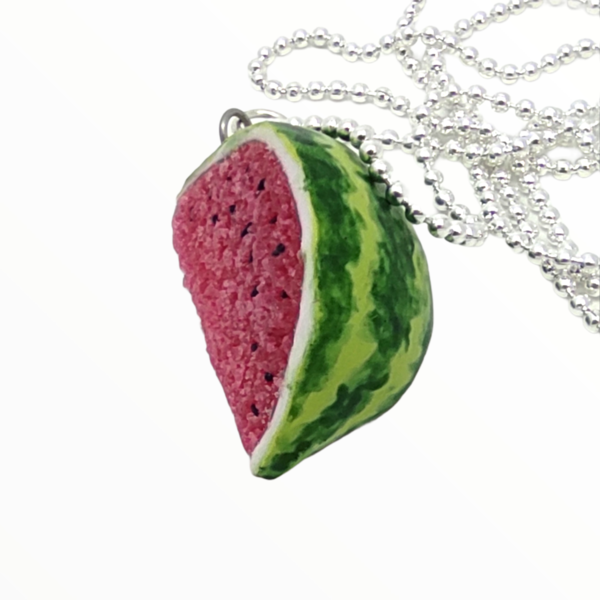 Kολιέ Καρπούζι (Watermelon necklace),χειροποίητα κοσμήματα μινιατούρες φρούτων και απομίμησης φαγητού απο πολυμερικό πηλό Mimitopia - γυναικεία, πηλός, χειροποίητα, καρπούζι, μινιατούρες φιγούρες
