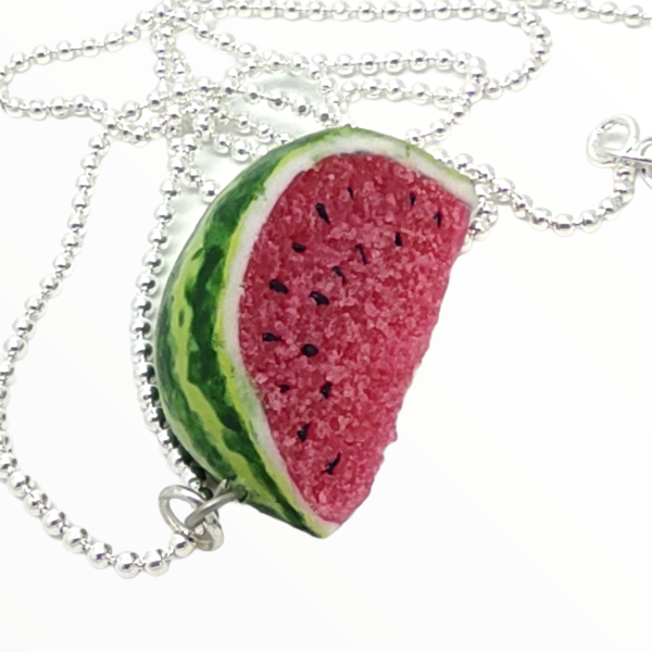 Kολιέ Καρπούζι (Watermelon necklace),χειροποίητα κοσμήματα μινιατούρες φρούτων και απομίμησης φαγητού απο πολυμερικό πηλό Mimitopia - γυναικεία, πηλός, χειροποίητα, καρπούζι, μινιατούρες φιγούρες - 2