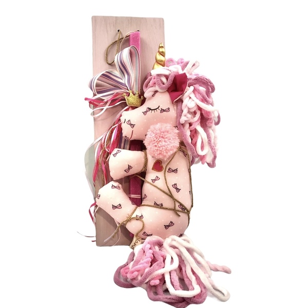 Αρωματική Λαμπαδα με πλάτη ξυλινη και μονοκερο σε ύφασμα ροζ με φούξια φιογκακια - κορίτσι, λαμπάδες, μονόκερος, για παιδιά, για μωρά - 2