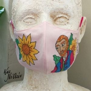 Ζωγραφισμένη μάσκα Ζωγραφος/Ηλιοτροπια, γυναικεια ροζ βαμβακερή 12Χ22εκ - βαμβάκι, ζωγραφισμένα στο χέρι, γυναικεία, μάσκες προσώπου - 3