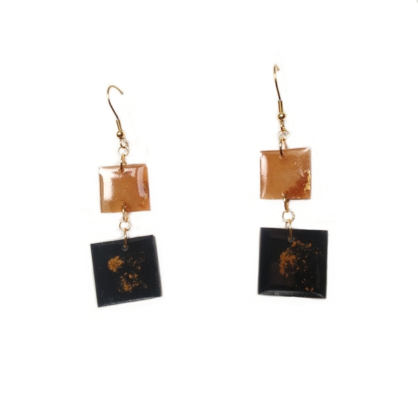 Σκουλαρίκια Vintage από υγρό γυαλί μαύρο με πορτοκαλί χρυσό 7x2εκ./ Liquid glass Vintage earrings black and orange gold 7x2cm - vintage, γυαλί, ατσάλι, κρεμαστά, μεγάλα, γάντζος