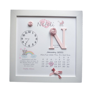 Kαδράκι με στοιχεία γέννησης Ξύλινο 35x35 Θέμα Ελεφαντάκι ροζ, πήλινα λουλούδια, δώρο για νεογέννητο - πίνακες & κάδρα, κορίτσι, αγόρι, αναμνηστικά, δώρο γέννησης