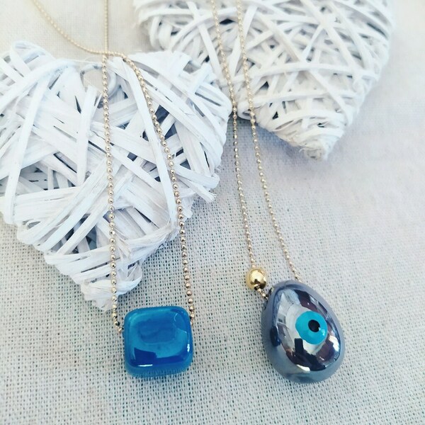 Κολιε με κεραμική μπλε χαντρα - charms, ορείχαλκος, κεραμικό, κοσμήματα, μπλε χάντρα - 3