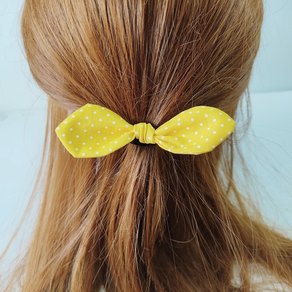 Λαστιχάκι μαλλιών ρετρό φιόγκος κίτρινο πουά - χειροποίητα, μαλλιά, μοδάτο, ρετρό, λαστιχάκια μαλλιών - 2