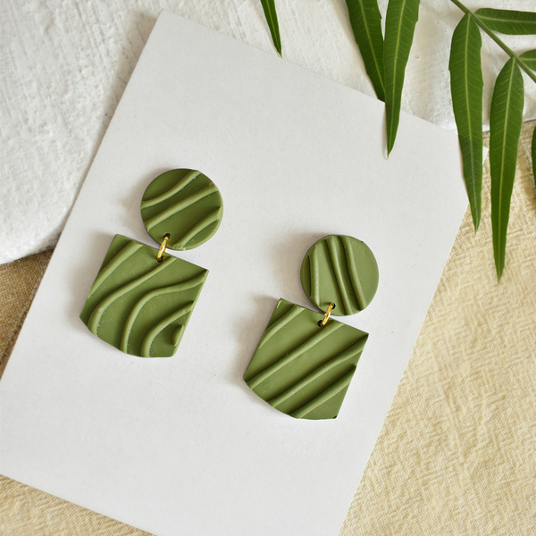 Green Polymer Clay Dangle Earrings - πηλός, γεωμετρικά σχέδια, καρφωτά, polymer clay - 2