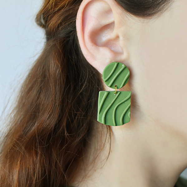 Green Polymer Clay Dangle Earrings - πηλός, γεωμετρικά σχέδια, καρφωτά, polymer clay - 3