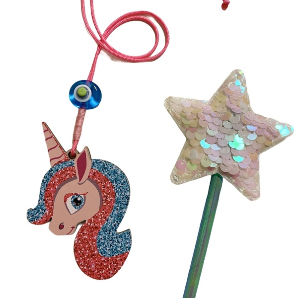 Παιδικό κολιέ φούξια μονόκερος και ραβδάκι αστέρι - κοσμήματα, μονόκερος, ματάκια, αυξομειούμενα, παιδικά κολιέ