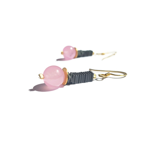 Χειροποίητο σκουλαρίκι « pink jade, grey hematite square» - ασήμι, ημιπολύτιμες πέτρες, επιχρυσωμένα, μακριά, κρεμαστά - 4