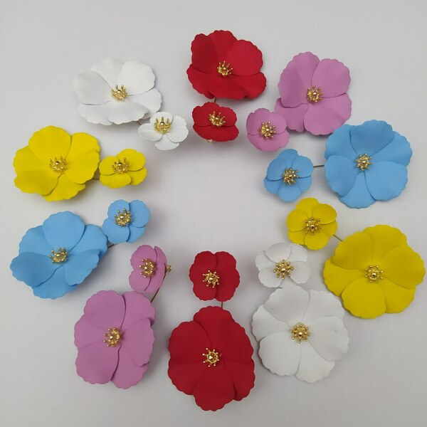 Διπλά σκουλαρίκια με λουλούδια - λουλούδι, κρεμαστά, μεγάλα - 2