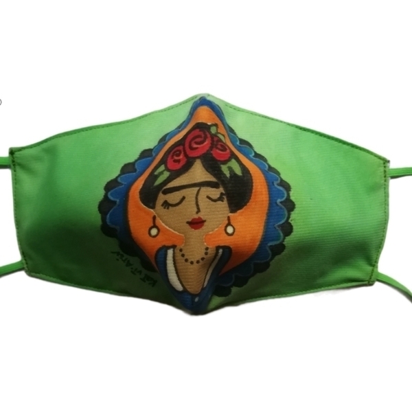 Μάσκα πρασινη Ζωγραφισμένη Φριντουλα, βαμβακερή γυναικεία 12χ20 Frida - ζωγραφισμένα στο χέρι, διπλής όψης, μάσκες προσώπου - 2
