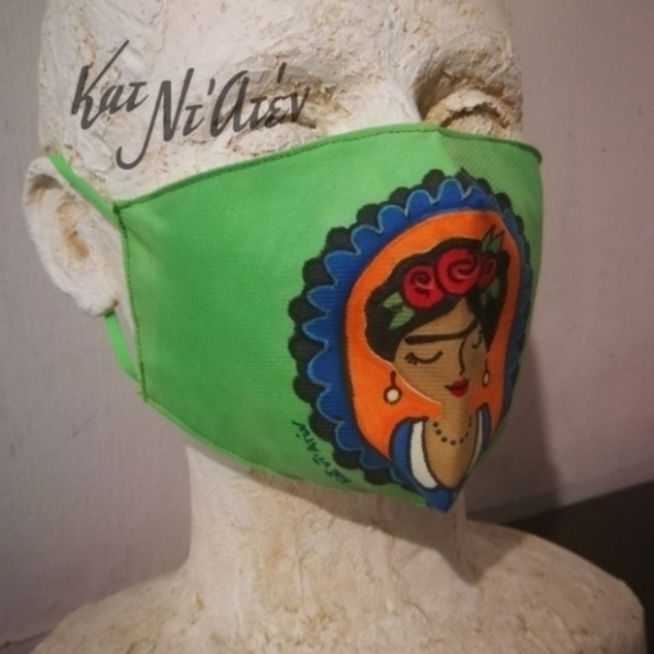 Μάσκα πρασινη Ζωγραφισμένη Φριντουλα, βαμβακερή γυναικεία 12χ20 Frida - ζωγραφισμένα στο χέρι, διπλής όψης, μάσκες προσώπου - 5