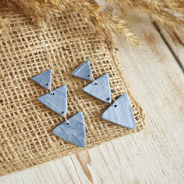 Blue Triangles Polymer Clay Earrings - πηλός, γεωμετρικά σχέδια, καρφωτά, κρεμαστά, polymer clay - 3