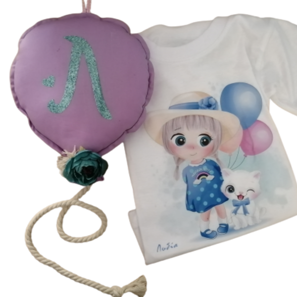 Διακοσμητικό μαξιλαράκι μπαλόνι και μπλουζάκι με στάμπα. - κορίτσι, δώρο, διακοσμητικά, παιδικά ρούχα