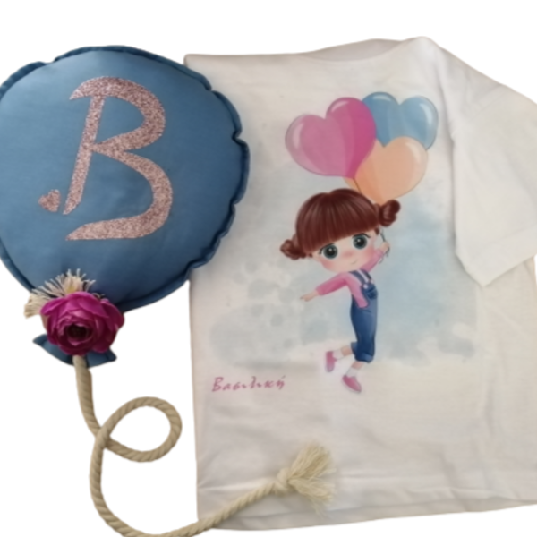 Διακοσμητικό μαξιλαράκι μπαλόνι και μπλουζάκι με στάμπα. - κορίτσι, δώρο, διακοσμητικά, παιδικά ρούχα - 2