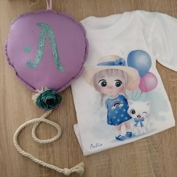Διακοσμητικό μαξιλαράκι μπαλόνι και μπλουζάκι με στάμπα. - κορίτσι, δώρο, διακοσμητικά, παιδικά ρούχα - 3