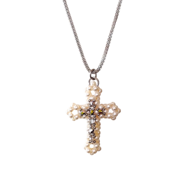 Χειροποίητος σταυρός με πέρλες swarovski - σταυρός, κοντά, ατσάλι, πέρλες, μενταγιόν