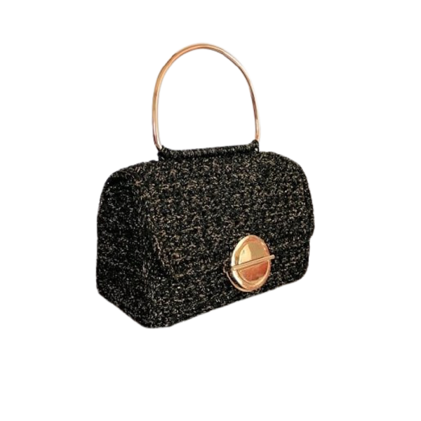 Glittery black purse/ Κομψή χειροποίητη τσάντα χειρός με χρυσό χερούλι - νήμα, χειρός, πλεκτές τσάντες, μικρές