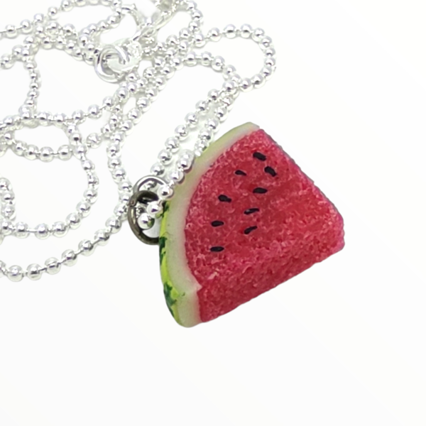 Kολιέ Καρπούζι μικρό (Watermelon necklace) χειροποίητα κοσμήματα μινιατούρες φρούτων και απομίμησης φαγητού απο πολυμερικό πηλό Mimitopia - γυναικεία, πηλός, χειροποίητα, καρπούζι, μινιατούρες φιγούρες - 4