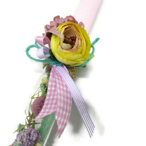 Γυάλινη λαμπάδα ροζ 25cm με αποξηραμένα άνθη - ροζ, λαμπάδες, φλοράλ, για ενήλικες - 2
