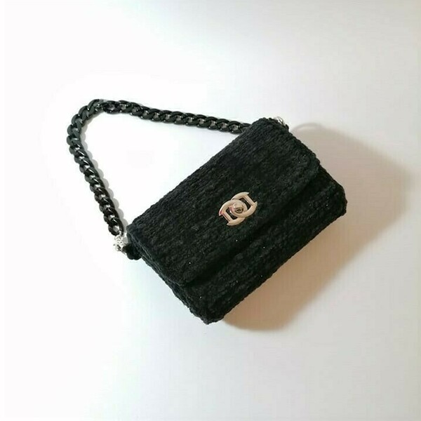 Mini black bag/ Μικρό βελουτέ μαύρο τσαντάκι - νήμα, χειρός, πλεκτές τσάντες, βραδινές, μικρές